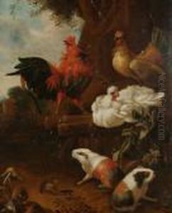A Cockerel, Hens, Guinea Pigs And A Toad In A Garden