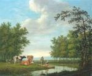 Summery River Landscape With Peasants. by Hendrik Van Oort