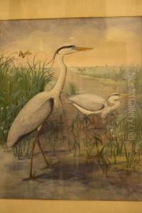 Polderlandschap Met Reigers In De Sloot by Johan Michiel Van Oort