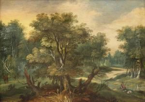 A Wooded Landscape With A Fisherman By A Stream