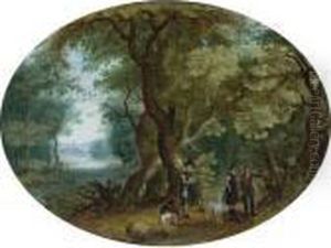Hunters With Their Dogs In A Wooded Landscape by Isaak van Oosten