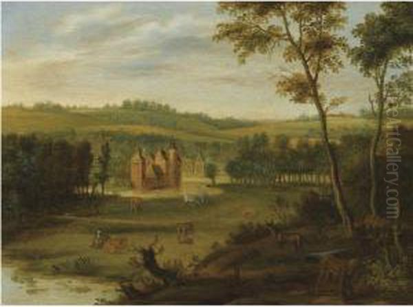 A Country Estate In A Hilly Landscape, With A Milkmaid Milkingcows, Deer And Rabbits In The Foreground - view 1