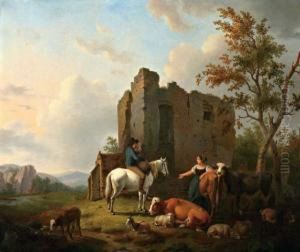 Landschap Met Ruiter En Herderin Met Vee Bij Een Ruine