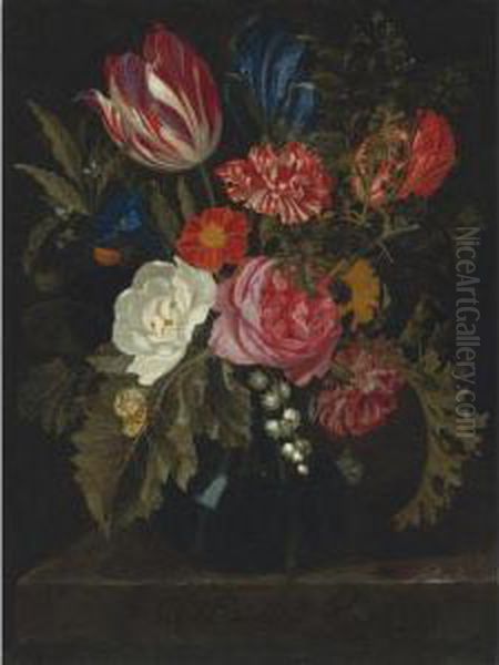 Still Life Of Roses, Carnations, A Tulip And Other Flowers In Aglass Vase - view 1