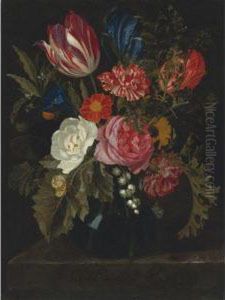 Still Life Of Roses, Carnations, A Tulip And Other Flowers In Aglass Vase by Maria van Oosterwyck