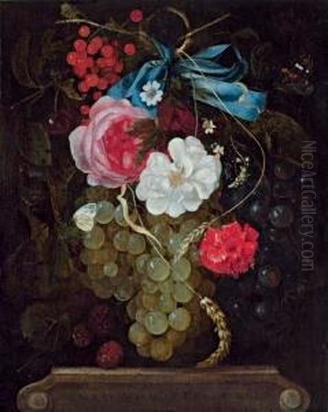 A Carnation, Roses, Grapes, Redcurrants And Berries Hanging From A Blue Ribbon, With Butterflies, Above An Entablature - view 1