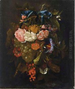 A Swag Of Roses, Carnations And Other Flowers, Grapes, An Orange, And Berries Together With A Butter Fly by Maria van Oosterwyck