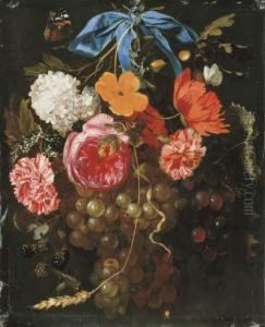 A Poppy, A Snowball, Pink And Yellow Roses, Carnations, Grapes,blackberries, An Ear Of Wheat And Sprigs by Maria van Oosterwyck