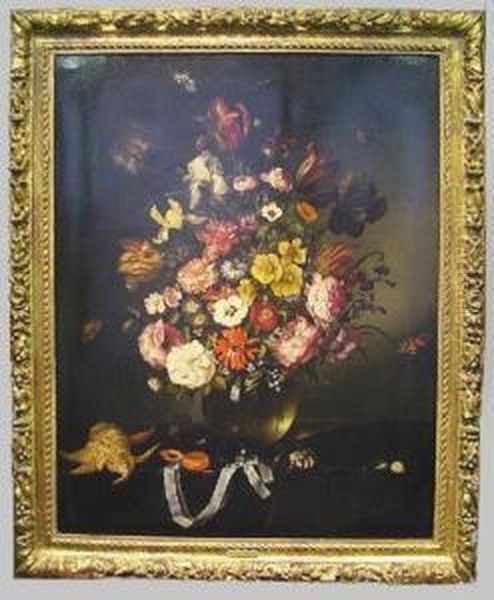 Floral Still Life In A Glass Vase With Reflection Of A Domedchurch, With Butterflies, Seashells, And Pocket Watch - view 1