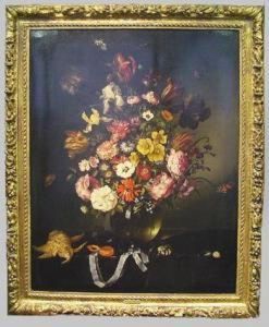 Floral Still Life In A Glass Vase With Reflection Of A Domedchurch, With Butterflies, Seashells, And Pocket Watch