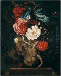 Still Life Of Grapes, Blackberries, Redcurrants, Cornstalks And Roses Suspended On A Blue Ribbon Above An Entablature by Maria van Oosterwyck