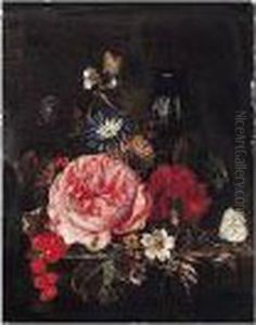A Still Life Of Roses, A Carnation, Morning-glory, Butterflies, Redcurrants And A Glass Vase, All Arranged Upon A Marble Ledge by Maria van Oosterwyck