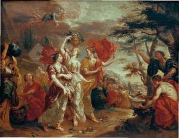 Hermes Et Herse Huile Sur Toile Signee Enbas Vers La Gauche V. Opstal 121 X 155 Cm Provenance : Venteanonyme - view 1