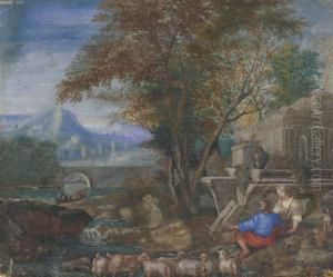 Figures And Animals By Ruins In A Mountainous River Landscape by Richard van Orley