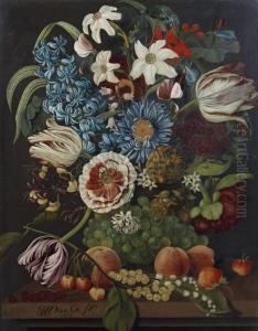 Still Life Of Fruit And Flowers On A Ledge