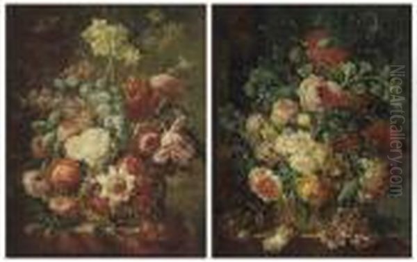 Roses, Parrot Tulips, Narcissi And Other Flowers In A Basket On Astone Ledge - view 1