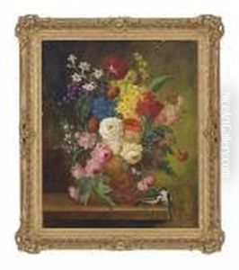 Roses, Carnations, Narcissi And Other Flowers In An Earthenware Vase, On A Ledge With Birds