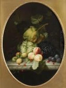 Still Life Of Peaches, Grapes, Plum And Cherries On A Marble Ledge