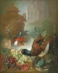 Grapes, Pomegranates, Game, Fish, Goldfish In A Bowl, A Classical Urn by Jan van Os
