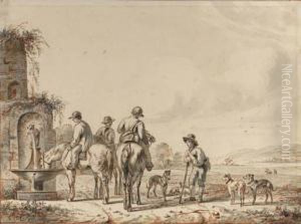 Horsemen Watering Their Horses At A Well, Conversing With Atraveller With Dogs - view 1
