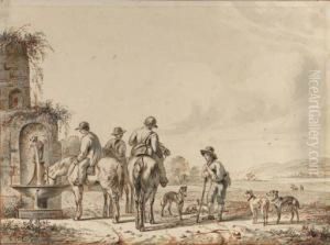 Horsemen Watering Their Horses At A Well, Conversing With Atraveller With Dogs by Pieter Frederick Van Os