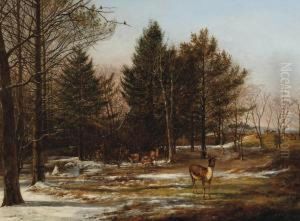 A Wooded Winter Landscape With Deers by Pieter Gerardus Van Os