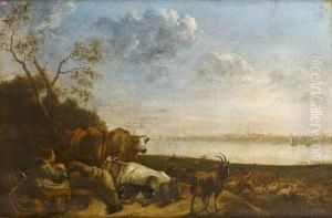A Shepherdess And Cowherd Resting With Their Livestock In A River Meadow At Dusk