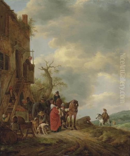 Travellers With Horses And Dogs On A Track Outside An Inn - view 1