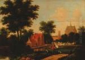 Travellers Halting On A Track By A Canal, A Mansion And Windmillbeyond