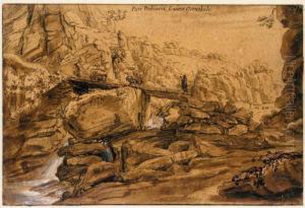 View Of A Waterfall In A Mountainous Landscape, With A Farmer Herding Goats And A Cow Across A Bridge - view 1