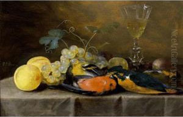 A Still Life With Two Finches, A Kingfisher, Grapes, Peaches, Prunes And A Facon-de-venise Wineglass, All On A Draped Table - view 1