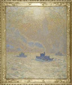 Tugboats On A River by Dearing Van Perrine