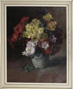Still Life Of Chrysanthemums In A Pottery Vase by Christina Rudolfine Van Pesch