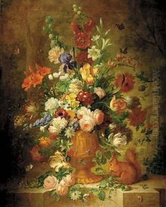 Spring Flowers In Urn With Squirrel And Snail by J. Van Pielier