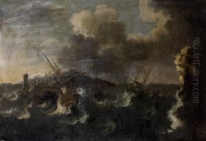 Navires Aux Abords D'une Cote Rocheuse Par Mauvais Temps by Matthieu Van Plattenberg