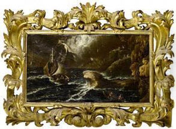 Shipping Foundering In Stormy Seas Off A Rocky Coastline - view 1