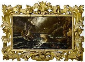 Shipping Foundering In Stormy Seas Off A Rocky Coastline by Matthieu Van Plattenberg
