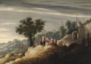 An Italianate Landscape With Figures Conversing Near A Ruin by Cornelis Van Poelenburch