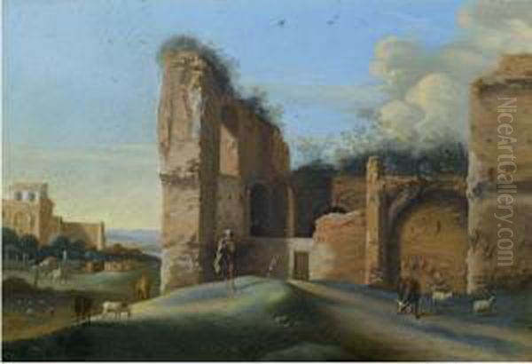 Shepherds With Their Flock Near Classical Ruins - view 1