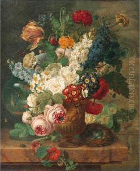 Nature Morte Au Vase De Fleurs, Bocal De Poissons Et Nid D'oiseausur Un Entablement - view 1