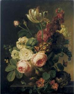 Still Life With A Vase Of Flowers And A Bird Nest On A Ledge