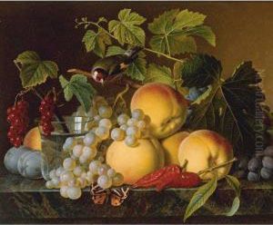 Still Life Of Peaches, Grapes, Plums, Peppers, And A Glass Of Water All Resting On A Marble Ledge by Christiaan van Pol