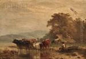 View Of A Figure With Cattle At A Pond by Albert Jurardus van Prooijen