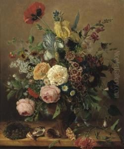 Roses, Peonies, Delphinium And Various Other Flowers In A Vase,together With Shells And A Birds Nest, All On A Stone Ledge