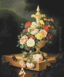 A Still Life With Roses, Carnations, Forget-me-nots And Other Flowers On A Ledge With A Butterfly And Other Insects by Adriana Van Ravenswaay