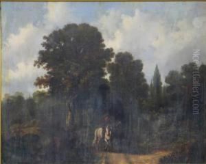 Herrschaftlicher Reiter Mit Rappen Und Schimmel In Waldlichtung by Jan Van Ravenswaay