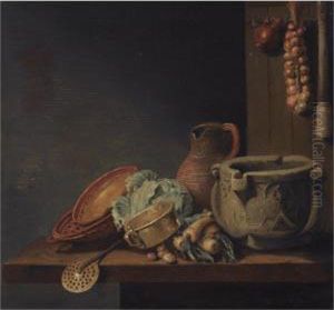 A Kitchen Still Life With A Cabbage, Onions, Parsnips, A Jug And Other Kitchen Utensils Over A Wooden Table A Kitchen Still Life With A Cabbage, Onions, Parsnips, A Jug And Other Kitchen Utensils Over A Wooden Table