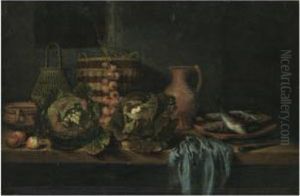 A Still Life With Cabbages, Onions, Apples, A Knife, Wickerbaskets And Earthenware Jugs On A Table, Together With A Plate Offish And A Blue Cloth