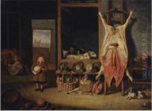 A Barn Interior With A Slaughtered Pig, A Young Boy Playing With Apig's Bladder, Sheep, A Cockerel And A Dog, Vegetables On A Woodenledge, A Maid Milking Cows, A View Of Dordrecht Beyond