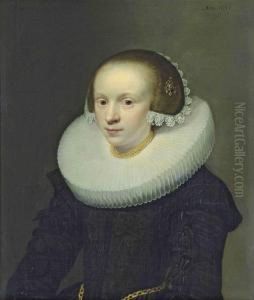 Portrait Of A Lady, Half-length, In A Black Dress With A Ruff, Gold Chains Around Her Neck And Waist, by Jan Anthonisz Van Ravesteyn